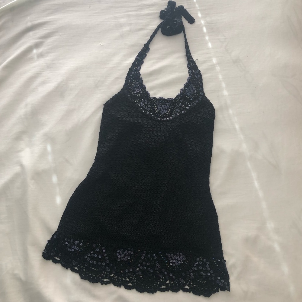 Black Beaded Sequin Trim Halter Tank